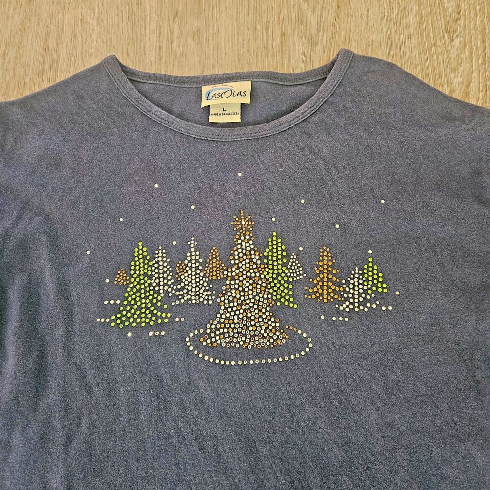 Vintage Las Olas Christmas 3/4 Length Sleeve T-Shirt Women Sz L Rhinestone Bling